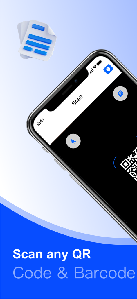 A smartphone interface showing the QR Code Reader app scanning a code with text saying Scan any QR Code and Barcode