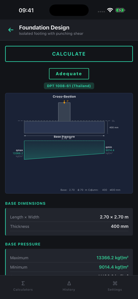 VerCivil: Structural Engineer - Foundation design interface in VerCivil app showing isolated footing cross section and base pressure calculations