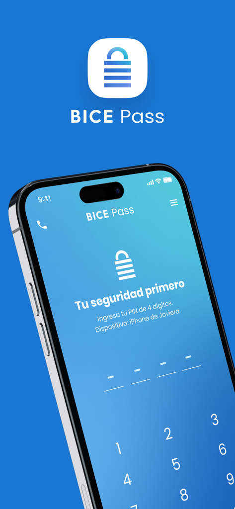 BICE Pass - Interfaz de la aplicación móvil BICE Pass que muestra una pantalla de inicio de sesión segura con PIN de 4 dígitos en un iPhone