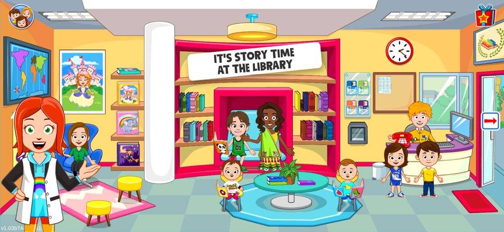 My Town : Street Fun - A colorful digital library scene in My Town Street Fun where characters are gathered for story time.