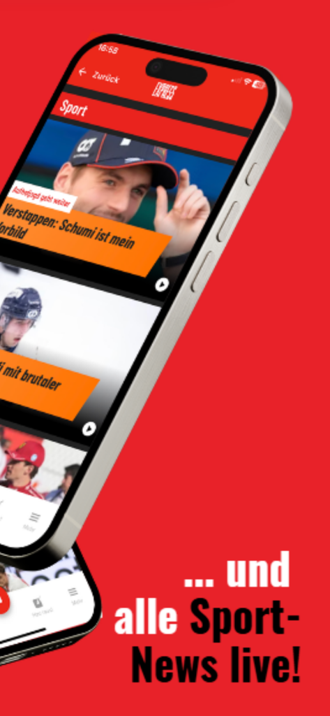 EXPRESS – Cologne News & Sport - EXPRESS app sports section on an iPhone showing live headlines for Formula 1 and ice hockey