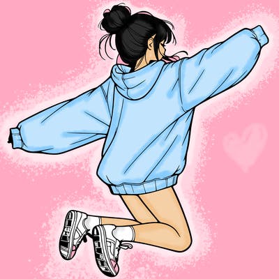 realistic girl jumping with a bun and oversized sweatshirt
