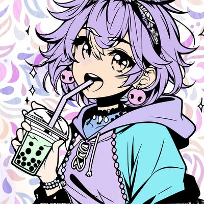 hot baddie anime girl drinking boba and biting the straw