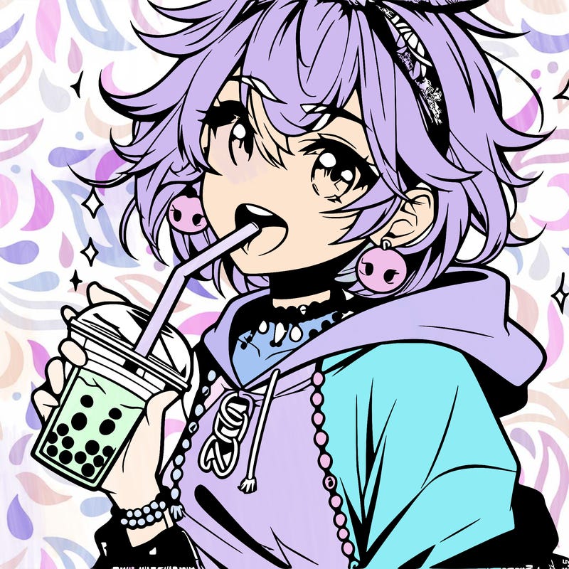 hot baddie anime girl drinking boba and biting the straw