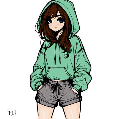 realistic girl in shorts and hoodie