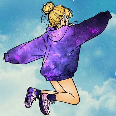 realistic girl jumping with a bun and oversized sweatshirt