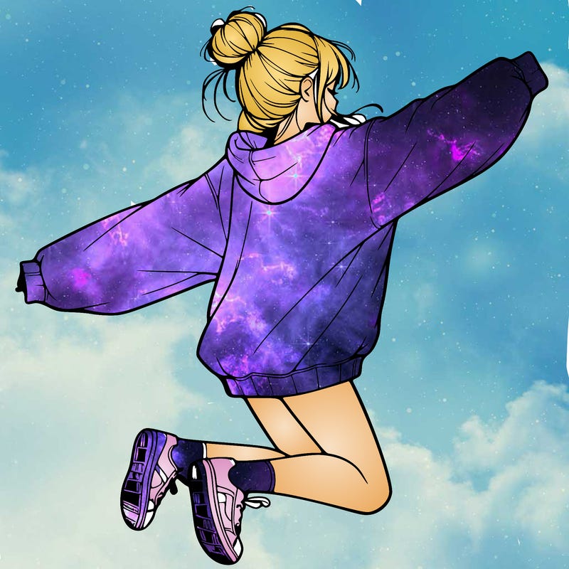 realistic girl jumping with a bun and oversized sweatshirt