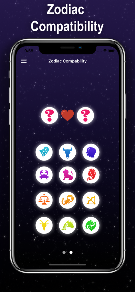 별이 빛나는 배경에 별자리 궁합 아이콘이 표시된 운세 및 점성술 앱 인터페이스