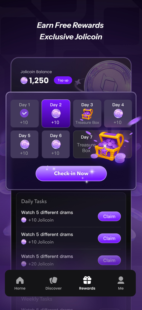 Uno screenshot della pagina delle ricompense dell'app Jolibox che mostra il saldo Jolicoin e le ricompense per il check-in giornaliero