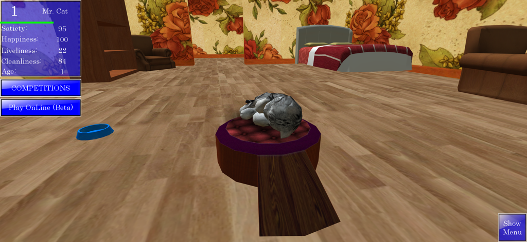 Cute Pocket Cat 3D - A small grey kitten sleeping on a cushion in a virtual room with pet care stats.