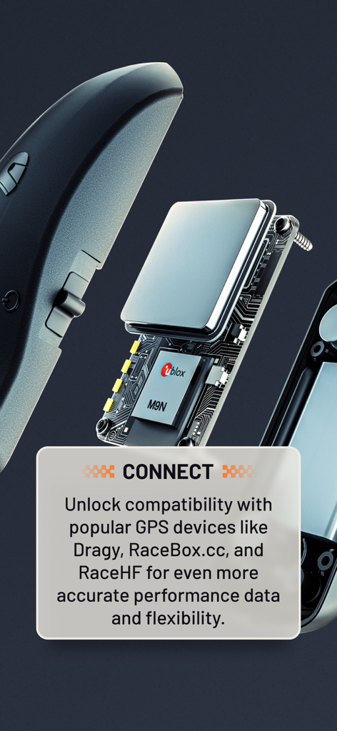 Race Buddy - How fast are you? - Graphic showing a circuit board with a GPS chip and text explaining Race Buddy compatibility with external performance hardware like Dragy and RaceBox.