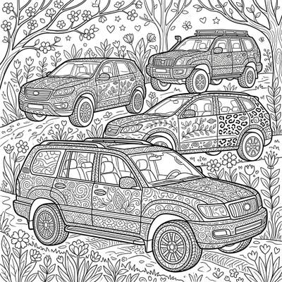 Gear up for a creative journey with this unique coloring page featuring robust SUVs decorated with intricate Zentangle designs. Immerse yourself in a vibrant Spring scene filled with blooming flowers and discover the meditative joy of bringing these detailed vehicles to life.