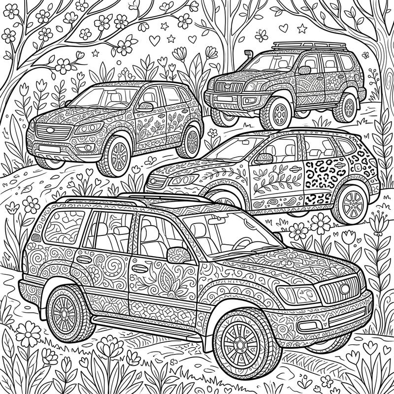 Gear up for a creative journey with this unique coloring page featuring robust SUVs decorated with intricate Zentangle designs. Immerse yourself in a vibrant Spring scene filled with blooming flowers and discover the meditative joy of bringing these detailed vehicles to life.