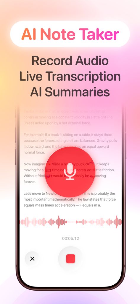 AI Lecture Note Taker - AI Lecture Note Taker app interface showing live audio recording with real-time transcription of lecture notes
