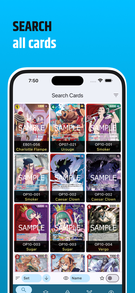 OP TCG Dex - Interfaz de la aplicación OP TCG Dex mostrando una base de datos de búsqueda de cartas de One Piece Trading Card Game