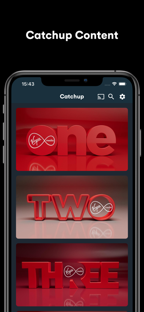 Virgin Media Play - Interfaz de la aplicación móvil Virgin Media Play mostrando contenido de recuperación para los canales Virgin Media One Two y Three