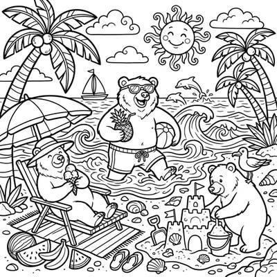 Join a family of friendly Kodiak bears as they enjoy the perfect summer day at the beach! This delightful coloring page for kids is filled with sunny scenes, sandcastles, and splashing fun, ready for your creative touch.