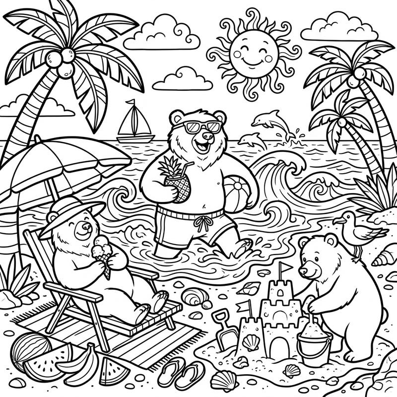 Join a family of friendly Kodiak bears as they enjoy the perfect summer day at the beach! This delightful coloring page for kids is filled with sunny scenes, sandcastles, and splashing fun, ready for your creative touch.
