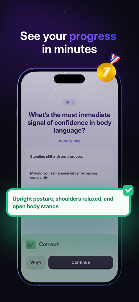 올바른 답변 알림과 함께 신체 언어 및 자신감에 대한 인터랙티브 퀴즈를 보여주는 RiseGuide 앱 인터페이스