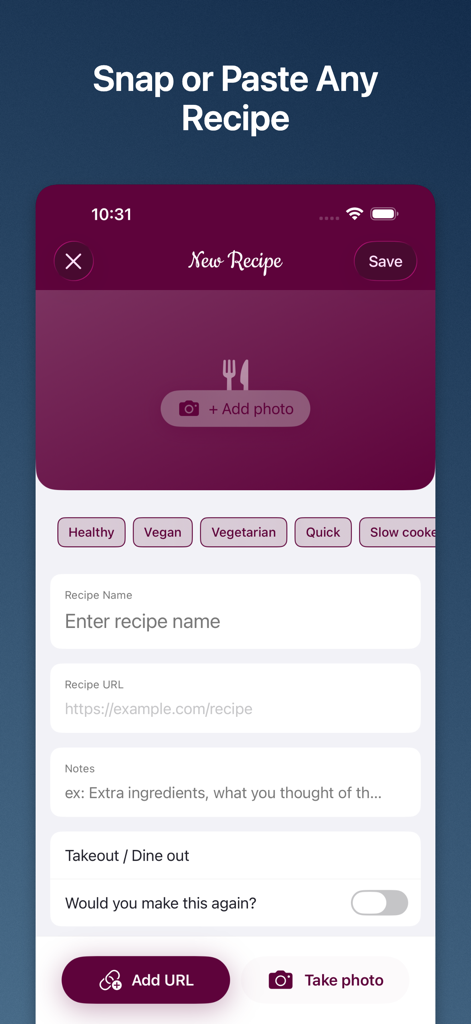 Weekly Chefs - Meal planner - Interface for adding a new recipe via URL or photo in the Weekly Chefs app
