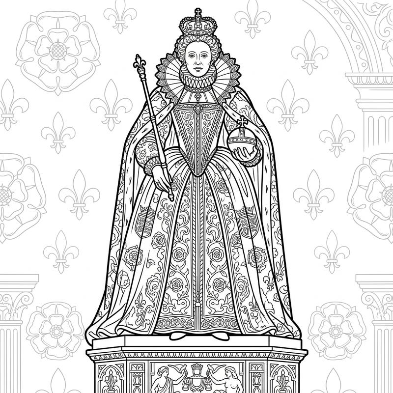 Embark on a royal artistic journey with this stunning coloring page featuring a sculpture of Queen Elizabeth I. Explore the intricate details of her iconic attire and the grandeur of Renaissance artistry, perfect for history buffs and coloring enthusiasts alike.