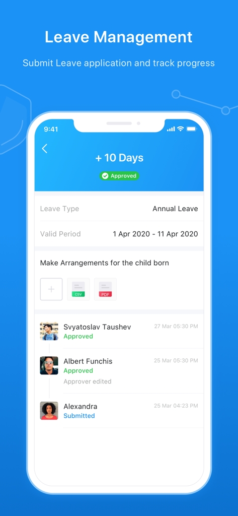 SeaTalk - SeaTalk mobile app interface showing a leave management screen with an approved annual leave request and approval history tracking