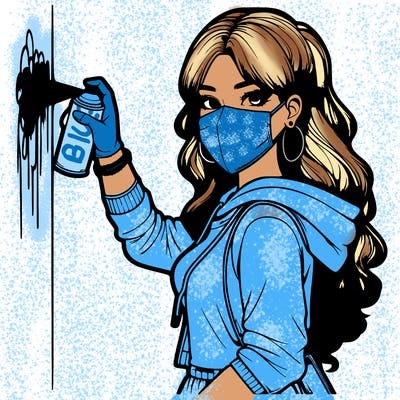 realistic girl with mask spray painting a wall