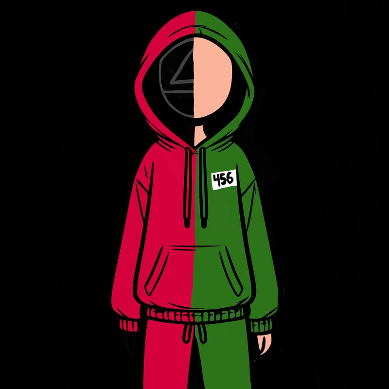 faceless girl in a tracksuit with a hood on and no hair