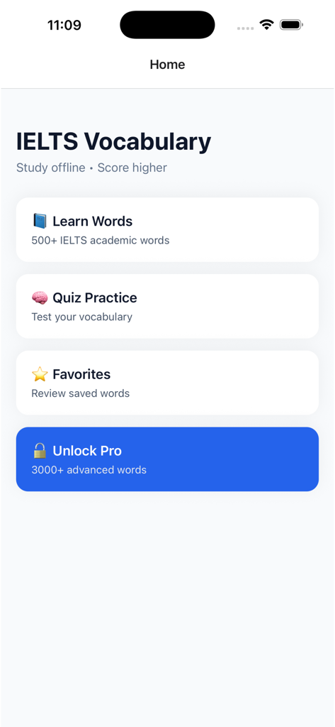 The home screen of the IELTS Vocabulary Offline app displaying menu options for learning words, taking quizzes, and unlocking pro features.