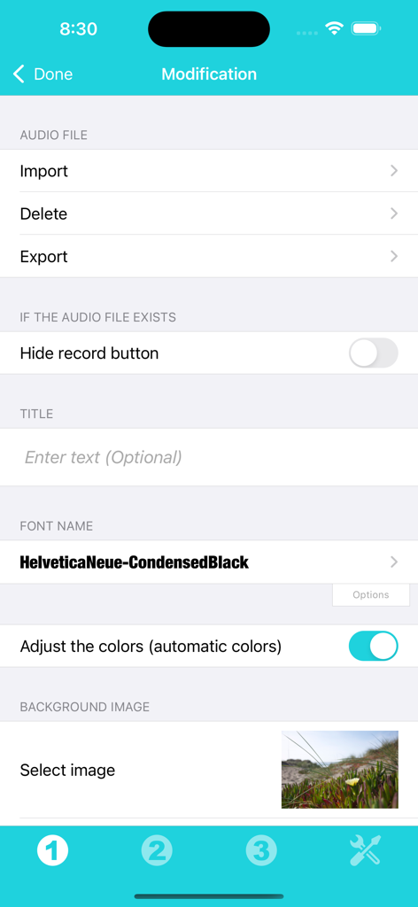 Audio Note Widget - 오디오 파일을 가져오고 글꼴을 변경하고 배경 이미지를 선택하는 옵션을 보여주는 오디오 노트 위젯의 사용자 지정 메뉴