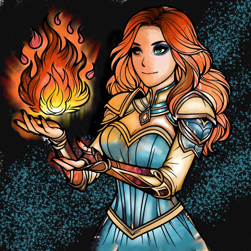 realistic magical woman in fire armor with fire in her hands