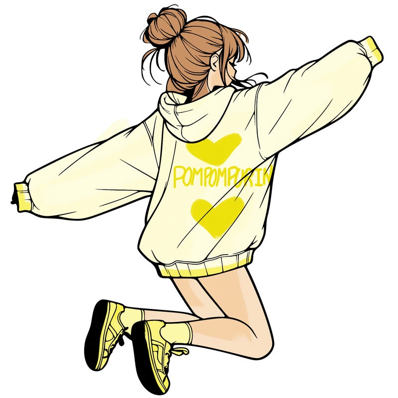 realistic girl jumping with a bun and oversized sweatshirt