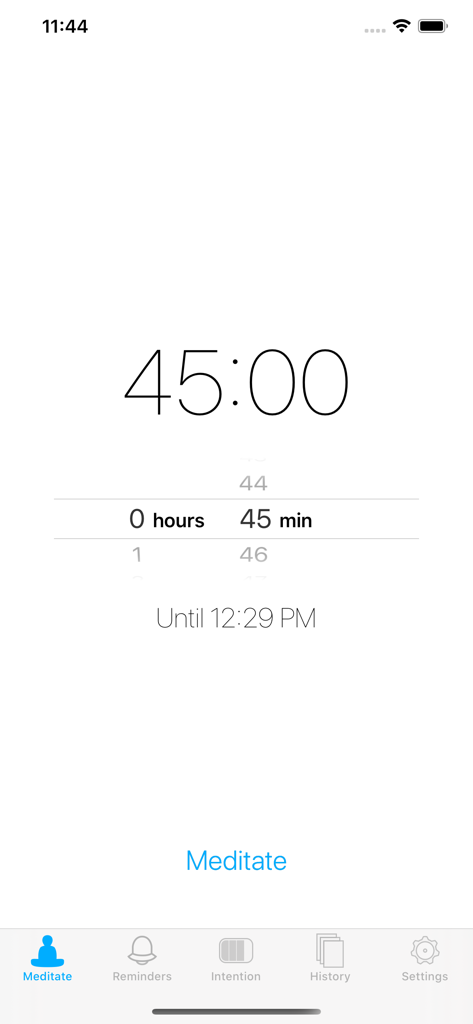 Lotus Bud Meditation Timer - Minimalist meditation timer screen with a 45 minute session duration selector and a meditate button