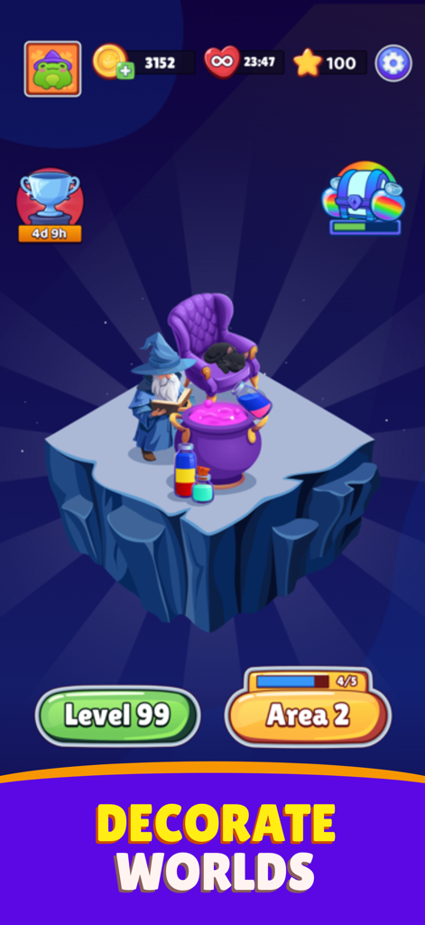 Magic Sort: Water Sort Puzzle - Magic Sort Spiel-Screenshot, der die Funktion Decorate Worlds mit Wizard George und einem magischen Zaubertrankkessel zeigt