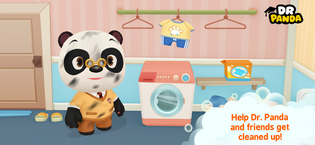 Dr. Panda character covered in dirt in a laundry room with a washing machine