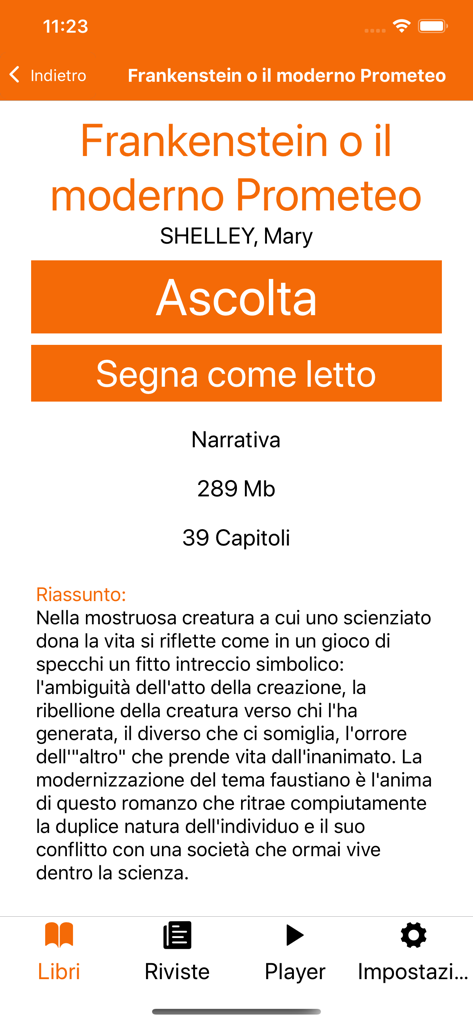 Libro Parlato CILP App - Details page of the Frankenstein audiobook in the Libro Parlato CILP app showing the listen button and book summary