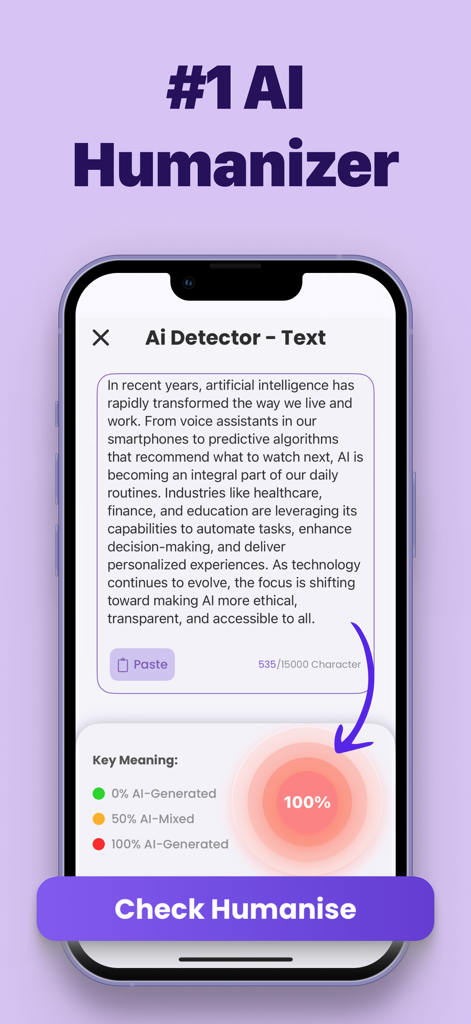 Interfaccia dell'app AI Detector che mostra un risultato di analisi del testo al 100% generato dall'IA e un pulsante di umanizzazione