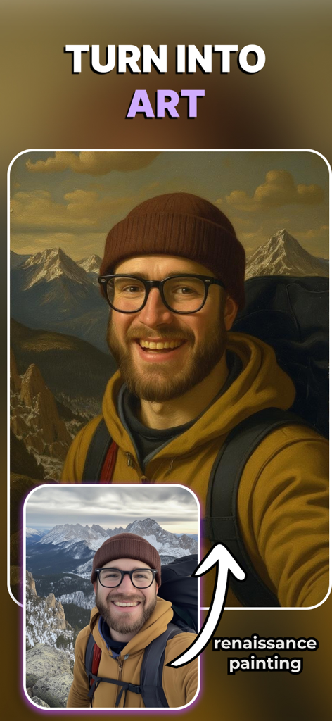 PixieAI - Magic Photo Editor - Una comparación que muestra el retrato de un hombre transformado en una pintura renacentista usando un texto en la aplicación PixieAI.