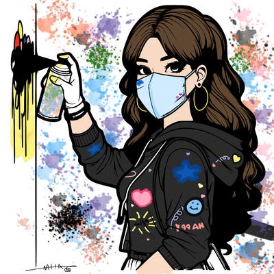 realistic girl with mask spray painting a wall