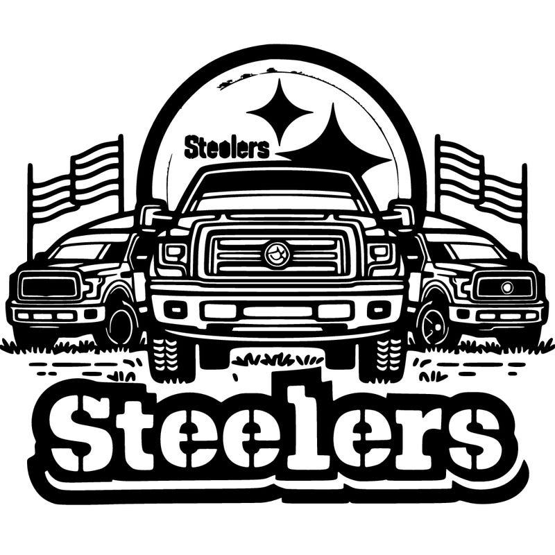 steelers logo with pickup trucks behind it