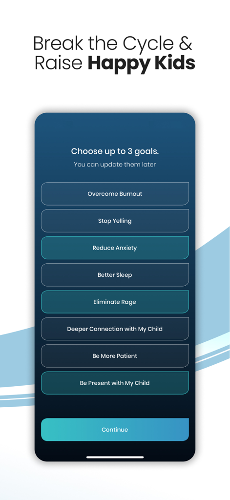 Captura de tela do aplicativo MamaZen mostrando uma lista de metas de parentalidade para selecionar, incluindo superar o esgotamento e parar de gritar