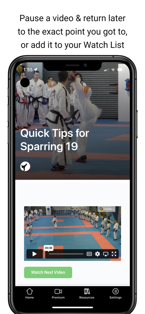 TKD Coaching app screen displaying a sparring video lesson with playback controls and resume feature.