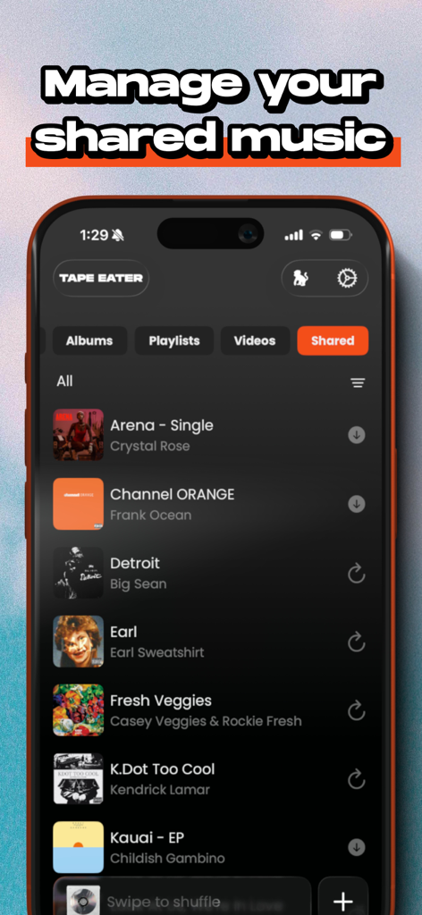 MP3 Player - Tape Eater - Tape Eater app interface showing shared music collection on a smartphone