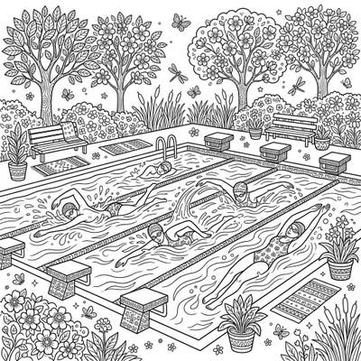 Immerse yourself in the tranquility of spring with this intricate adult coloring page featuring graceful swimmers. Discover a detailed aquatic scene surrounded by blooming nature, perfect for a relaxing creative escape.