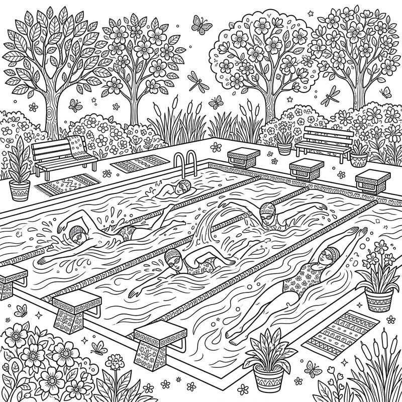 Immerse yourself in the tranquility of spring with this intricate adult coloring page featuring graceful swimmers. Discover a detailed aquatic scene surrounded by blooming nature, perfect for a relaxing creative escape.