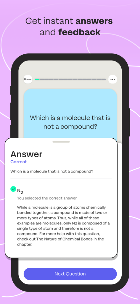 Sharpen - College Exam Prep - Mobile screen showing a chemistry question with a correct answer and a detailed explanation in the Sharpen exam prep app.