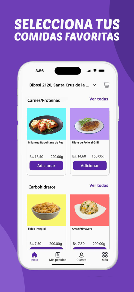 Listo - Delivery App - Interface do app de delivery Listo mostrando categorias para seleção de refeições congeladas como proteínas e carboidratos