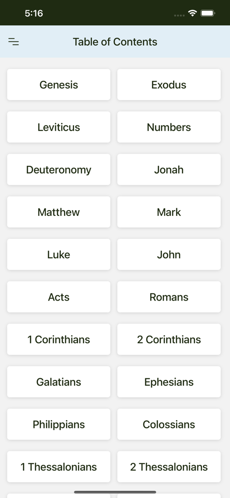 Tyndale Bible - Table of Contents screen in the Tyndale Bible app showing a grid of Bible books for navigation