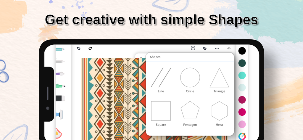 Interfaz de la aplicación de dibujo que muestra un menú con varias formas geométricas como círculo, triángulo y cuadrado