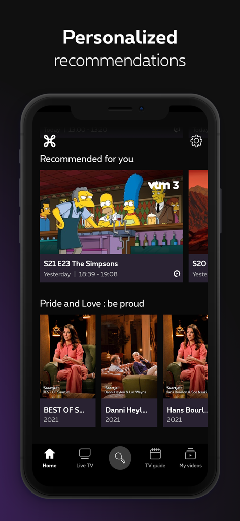 Proximus Pickx App mit personalisierten Film- und Serienempfehlungen auf einem Smartphone.